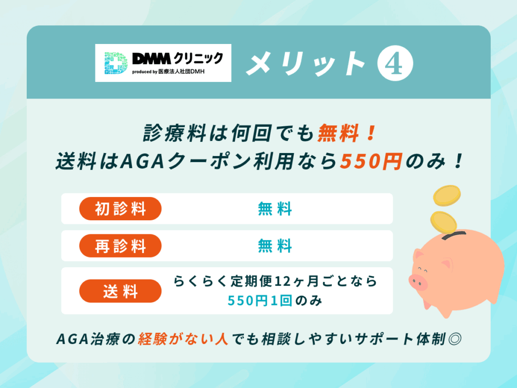 DMMの診療料は何回でも無料・送料はAGAクーポン利用なら550円のみ